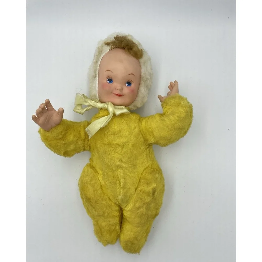 Vintage Rubber Sweet Face Baby Doll Yellow‎ Suit Brown Hair Moving Arms Rushton?